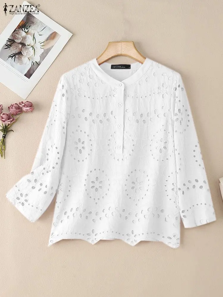 Stylish Autumn Hollow Out Blouse 2025 ZANZEA Women Embroidered Tops Elegant O Neck Long Sleeve Office Shirt Solid Buttons Blusas