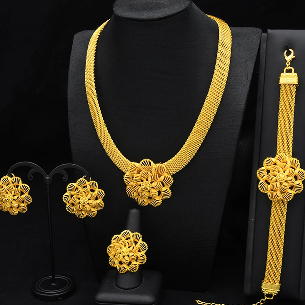 4 pcs Dubai bride golden flowers set of women's party jewelry luxury Non-fading wedding necklace earrings bracelet ring set image 2