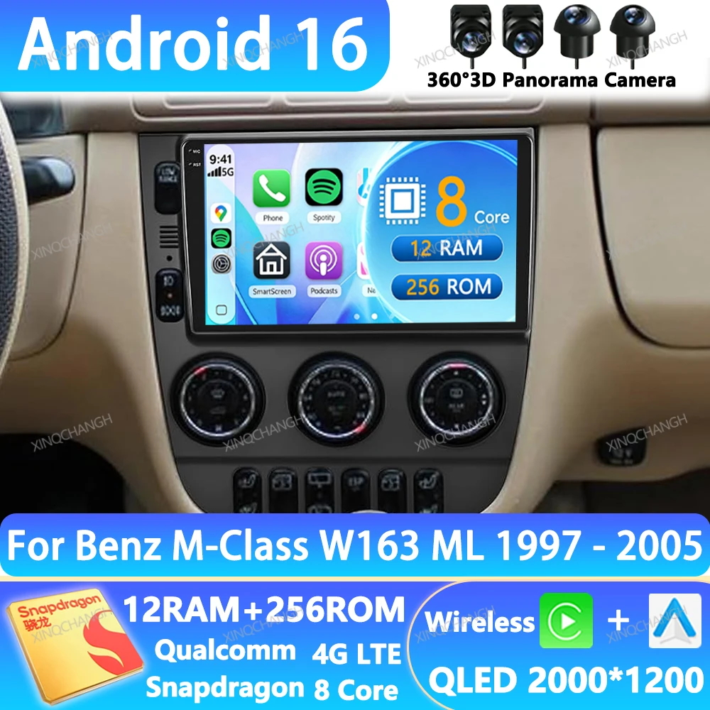 Android 16 Car Radio For Mercedes Benz M-Class W163 ML 1997 - 2005 QLED BT Navigation 2DIN 4G WIFI Multimedia Video Player GPS