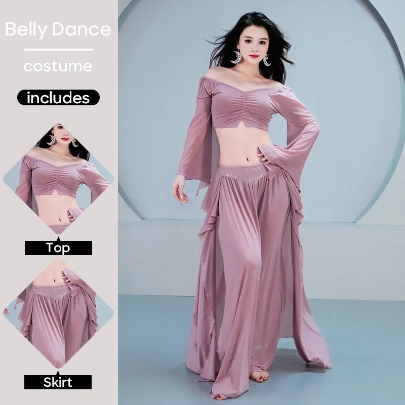 

Женский костюм для танца живота, комплект из 2 предметов: топ + юбка, восточный стиль для взрослых женщин, танцевальная одежда, наряд