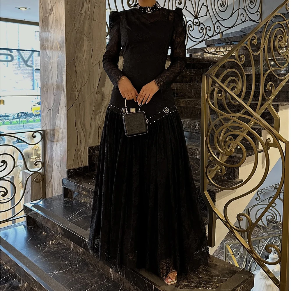 

Customized A-line Evening Dresses Ankle-length High-neck Full Sleeve Prom Gown Fashion Crystal Simple Lace Draped Party Gown