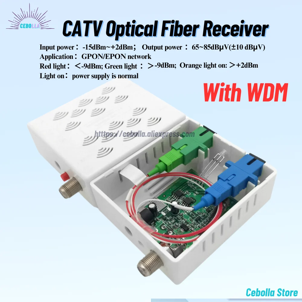 FTTH Cable TV Mini Node Optical Receiver SC APC Single Fiber, WDM Inch F-Head Output