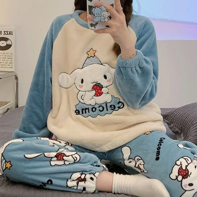 Sanrio Cinnamoroll New Home Clothes Y2k Fluffy Pajamas Tops Pants 2 Piece Set Women Plush Sleepwear Suit Female Matching Oufits