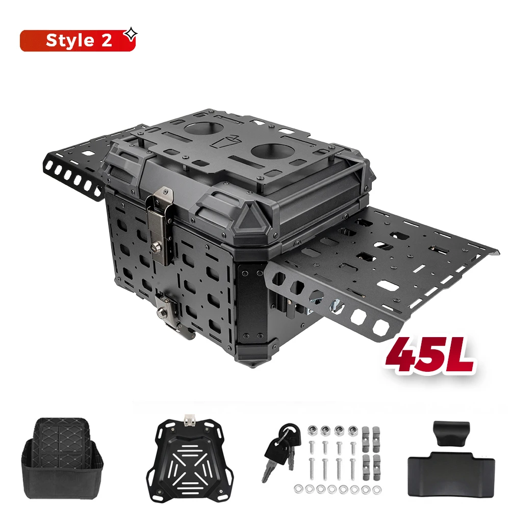 KEMIMOTO 55L/14.53Gal CNC Aluminium Motorfiets Topkoffer Opvouwbare Beschermende Bagagekoffer Universele Moto Koffer Achterkoffer Helm Snelkoppeling Koffer Voor CFMoto Ibex 450 MT450 Voor Honda Voor