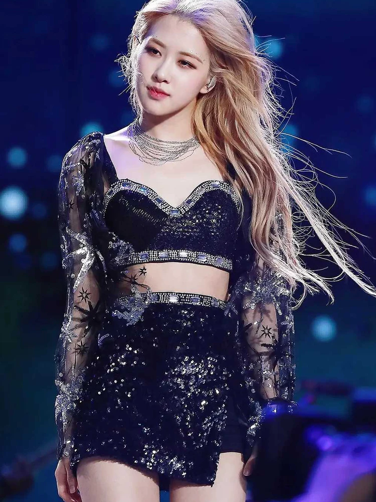  Rose Stage Costume Sequin  Dress Sequin Women Singer Outfit Glitter Party Wear Sparkling Skirt Band Performance