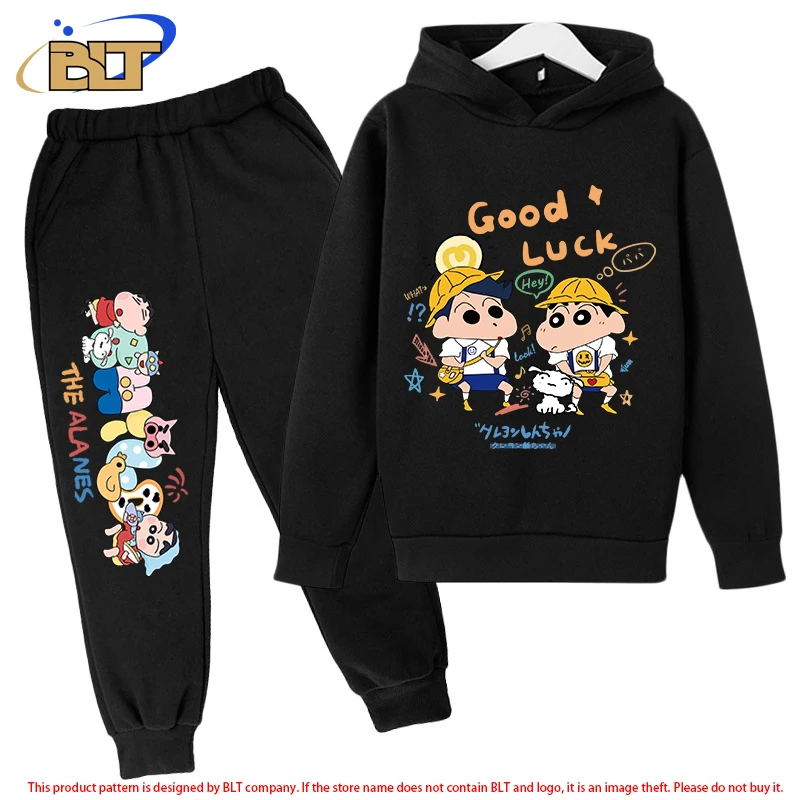 

Комплект детских флисовых толстовок Crayon Shin-chan, черный спортивный свитшот и штаны, комплект из 2 предметов, подходит для мальчиков и девочек