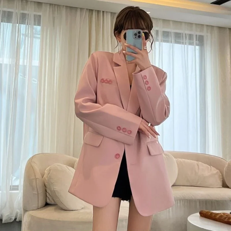 

Женский весенне-осенний свободный повседневный пиджак, уникальный дизайн, высокое качество, молодежный элегантный корейский стиль, модный пиджак розового цвета