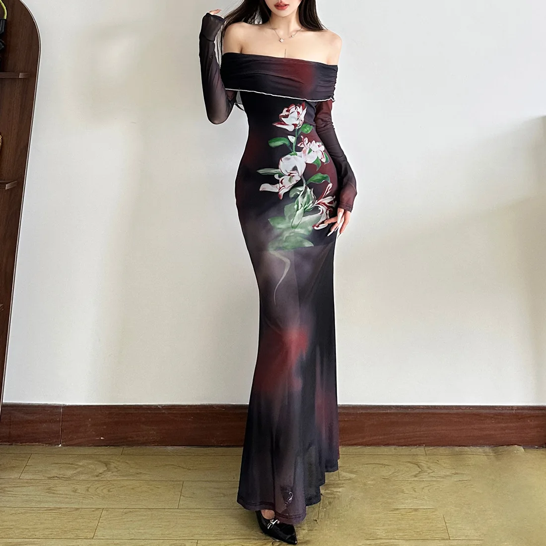 Retro Graffiti-style Y2K Black Eveningdress Rose-printed Sexy Off-the-shoulder Sheer Mesh Dresses Women's  Trendy Autumn Outfits