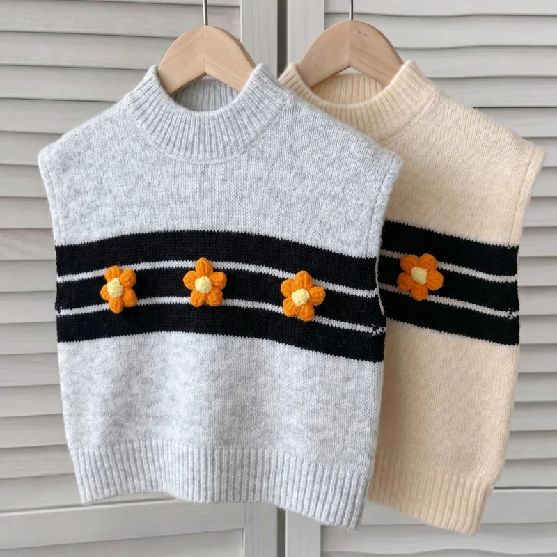 2026 Autumn and Winter Hot Selling New Round Neck Knitted Western-style Flower Striped Sleeveless Vest for Children