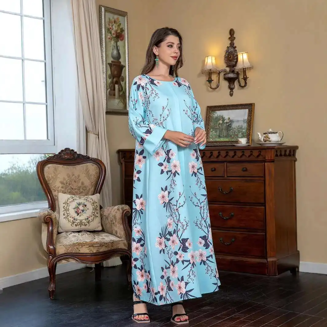 무슬림 라운드 넥 로브, 두바이 아바야 핫 다이아몬드 비드 프린트 원피스, SW0904