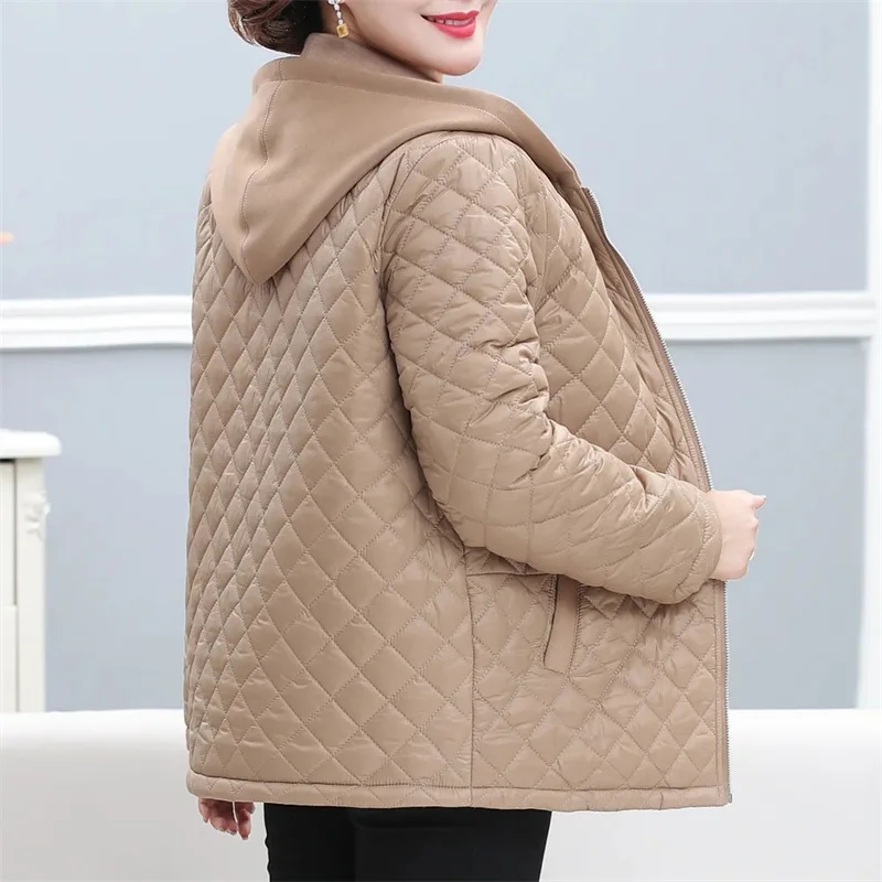 2023 Outono Inverno Mulheres de meia idade acolchoado Casacos de algodão acolchoado Feminino Zipper-up Casaco com capuz Engrossar Quente Parkas Tops Sobretudo