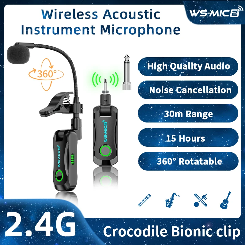 JAMJUM WS-mic2 Wireless Instrument Microphone,Anti-interference Clear Audio Mic for Saxophone Violin Wind String Instruments