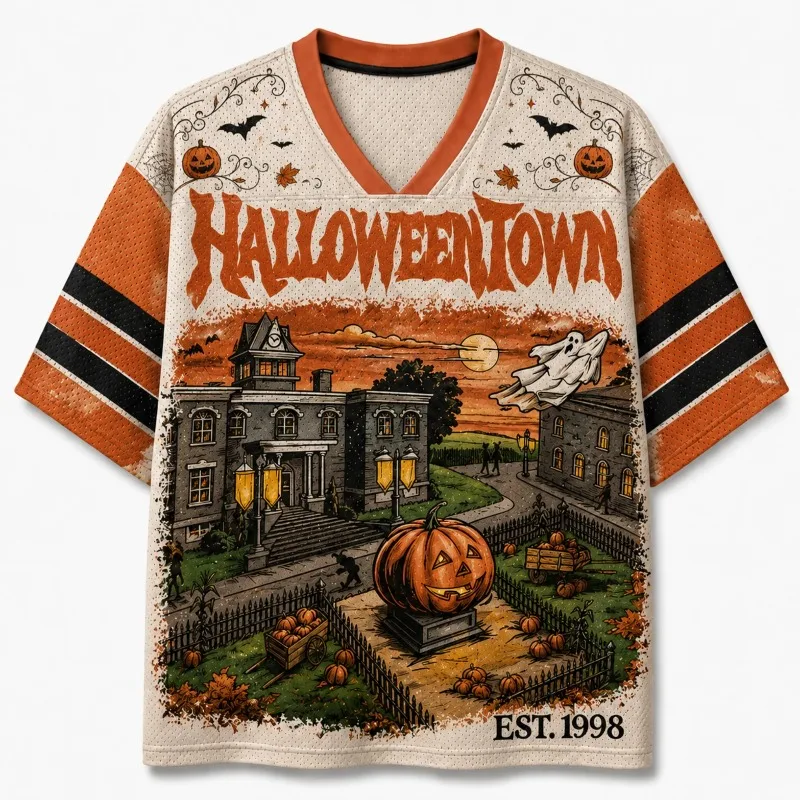 Retro Halloween Town 98 Jersey Loose V-neck Short Sleeved, Autumn Castle Pumpkin Ghost American Breathable Rugby Shirt