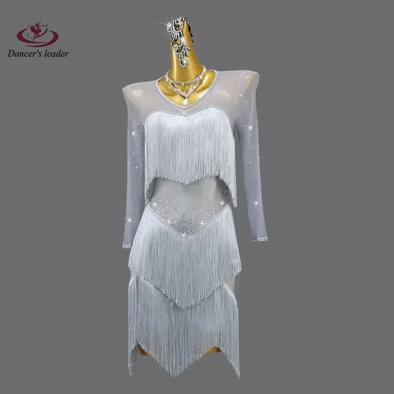 

Latin Dance Competition Women's High-end Customized Mesh Handmade Tassels Rumba Cha Tango Stage Performance Dress for Children