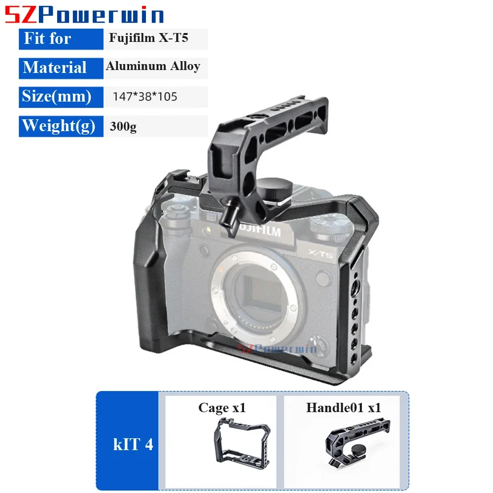 Powerwin For Fujifilm X-T5 Camera Cage Rig Kit with wooden Handle Multifunctional Arri Locating Screw Aluminum Alloy