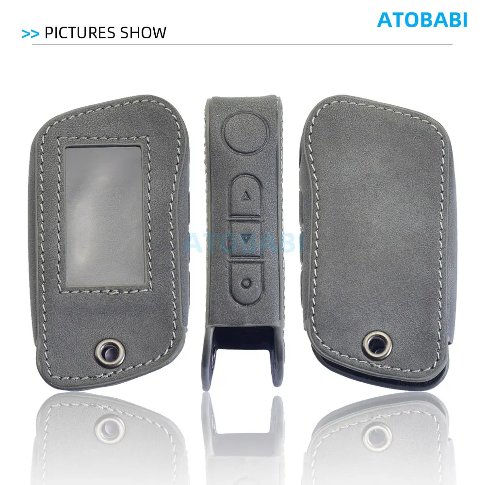 Grau Leder Auto Schlüssel Abdeckung Tasche Für Starline A63 A93 A36 A39 A66 A96 Zwei Weg Auto Alarm System LCD Fernbedienung Fob Shell Fall Schutz – Detail 4