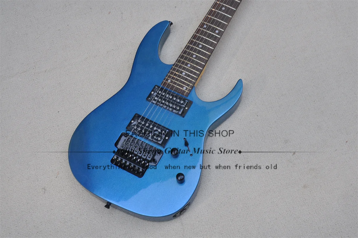 7 String Electric Guitar RG Metal Blue Guitar  Basswood Body  Rosewood Fingerboard Tremolo Bridge Black Tuners 24 Frets