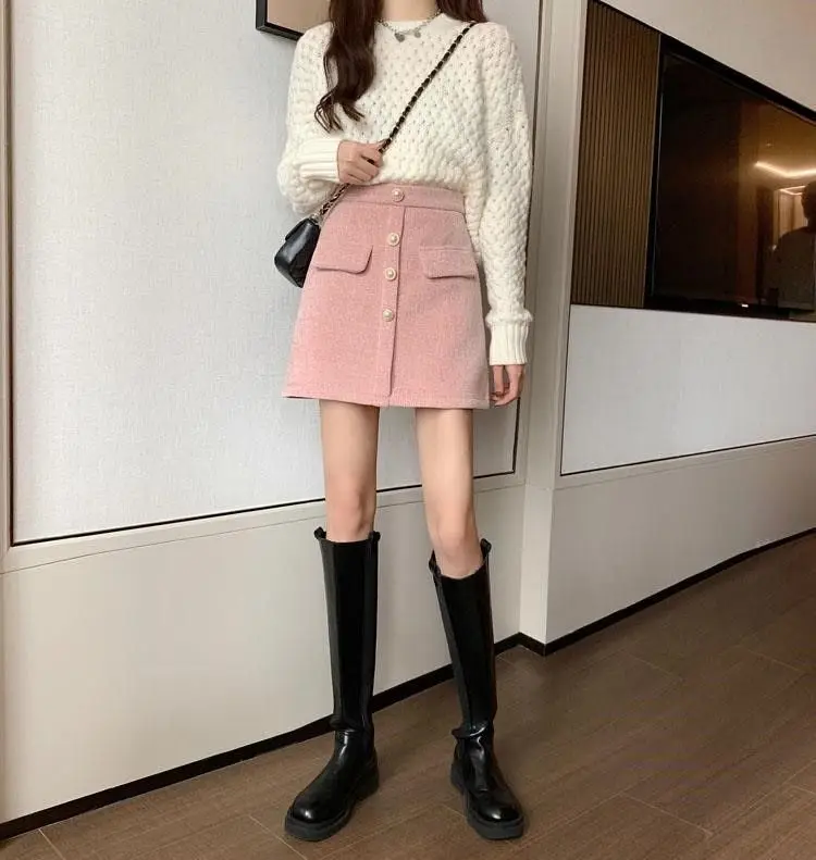 Skirt With Bright Silk Buttons Design High-Waisted Spring Autumn Women New Solid Color A-Line Versatile Hip-Hugging Short Skirt