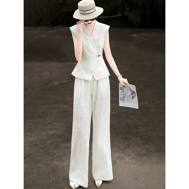 MEXCOCO 2026 New Summer Elegant V Neck Sleeveless Pinstripe Peplum Vest High Waist Wide Leg Pants Two Piece Outfit Set