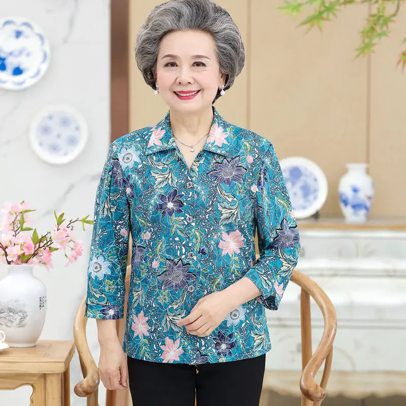 Middle Age Women Blouses 3/4 Sleeve Turn Down Collar Casual Shirt Mother Tops  5XL Floral Grandma Blusas Femininas