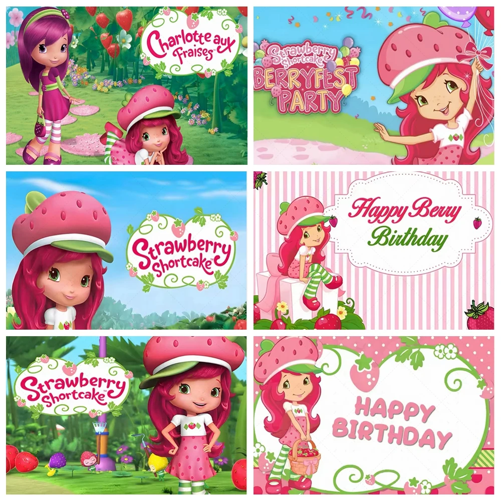 

Cartoon Strawberry Girl Birthday Party Decoration Pink Background Baby Shower Supplies Gifts Photography Studio Props Custom
