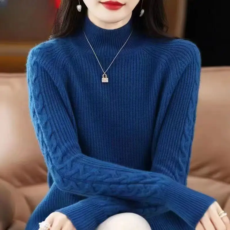 

Осень-зима, новый шикарный свитер с воротником-стойкой, женская одежда, повседневный свободный однотонный толстый вязаный пуловер, офисный женский однотонный топ Y2k