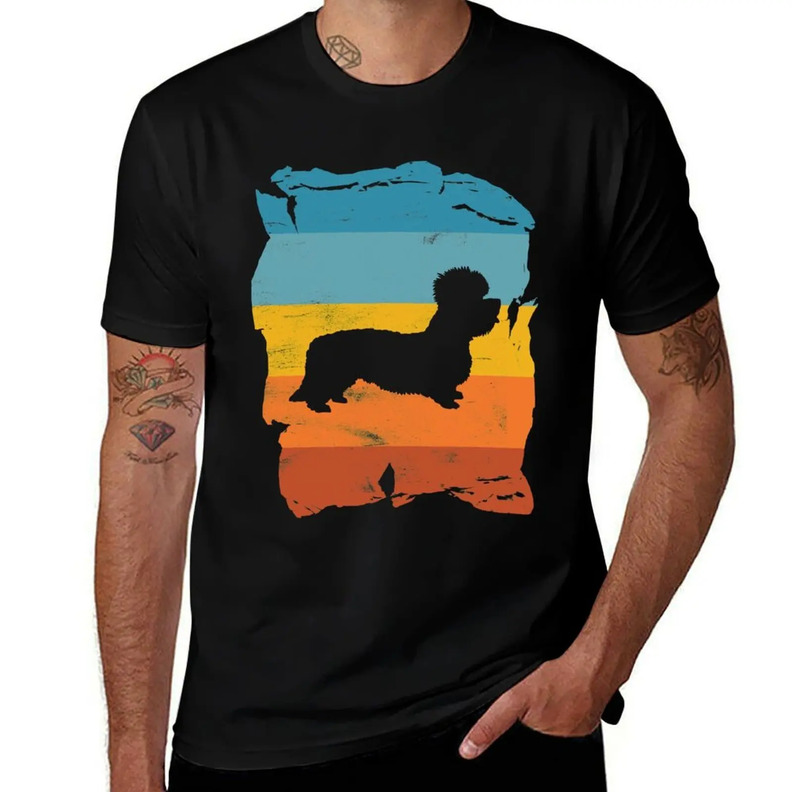 Dandie Dinmont Terrier Distressed Vintage Retro Silhouette T-Shirt Basic Crew Neck Short Sleeve Top