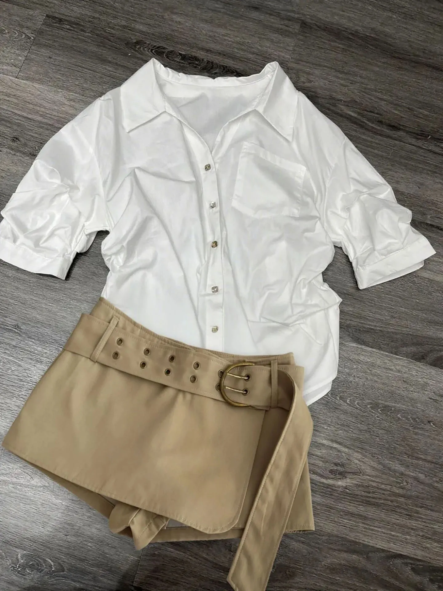 

Ele White irt Skirt Set Women's Faionable Ensemble High Waist ort Sve Collar Knitted Fabric Spring Summer