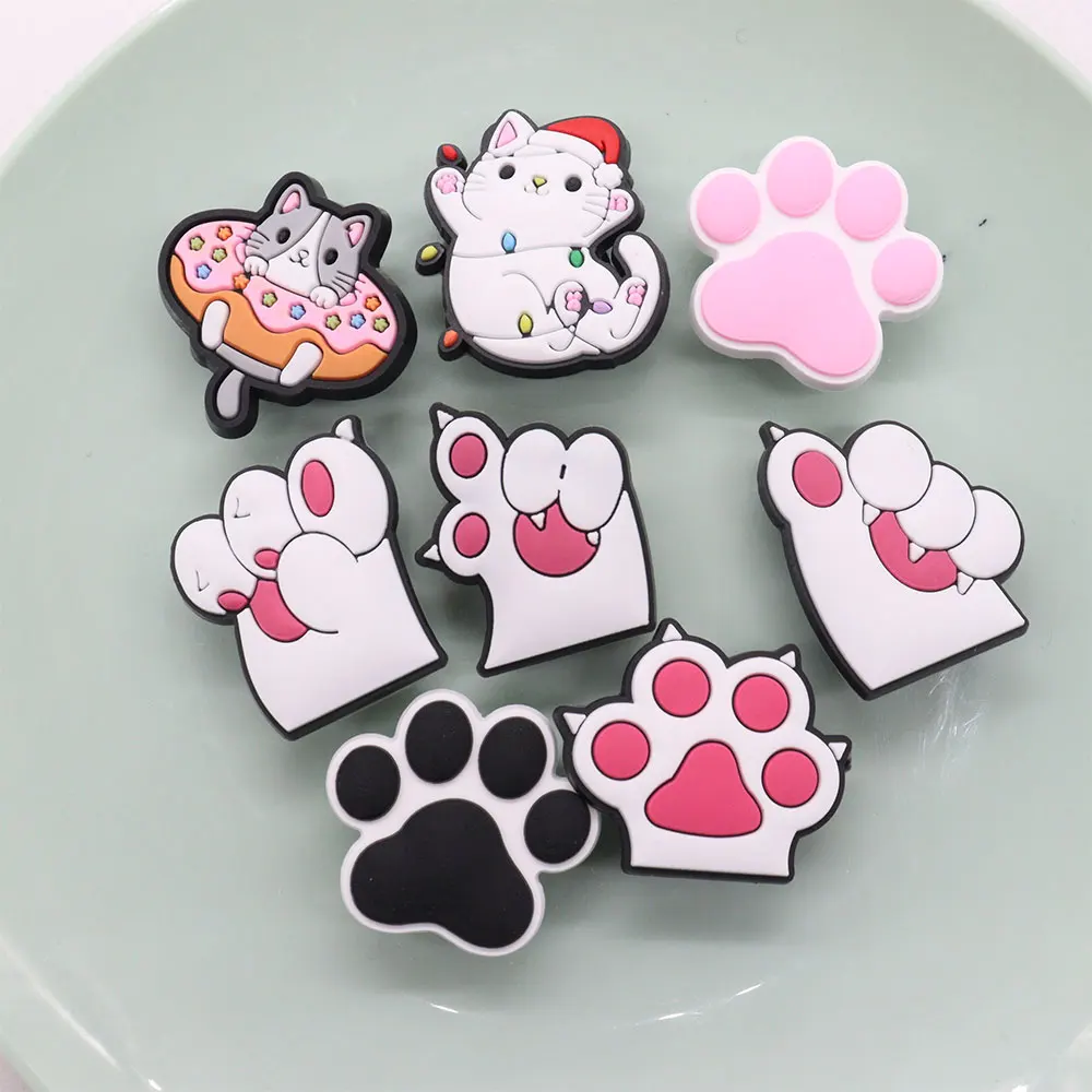 1-8Pcs Cat Paw Donut PVC Footprint Shoes Charms Fashion Sandal Decorations Clog DIY Kids Cute Bracelet