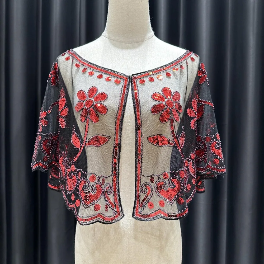 

Ретро 1920-е годы шаль на плечо сверкающая дышащая ткань пальто с капюшоном и цветочными пайетками короткая длина вечерние шаль женская