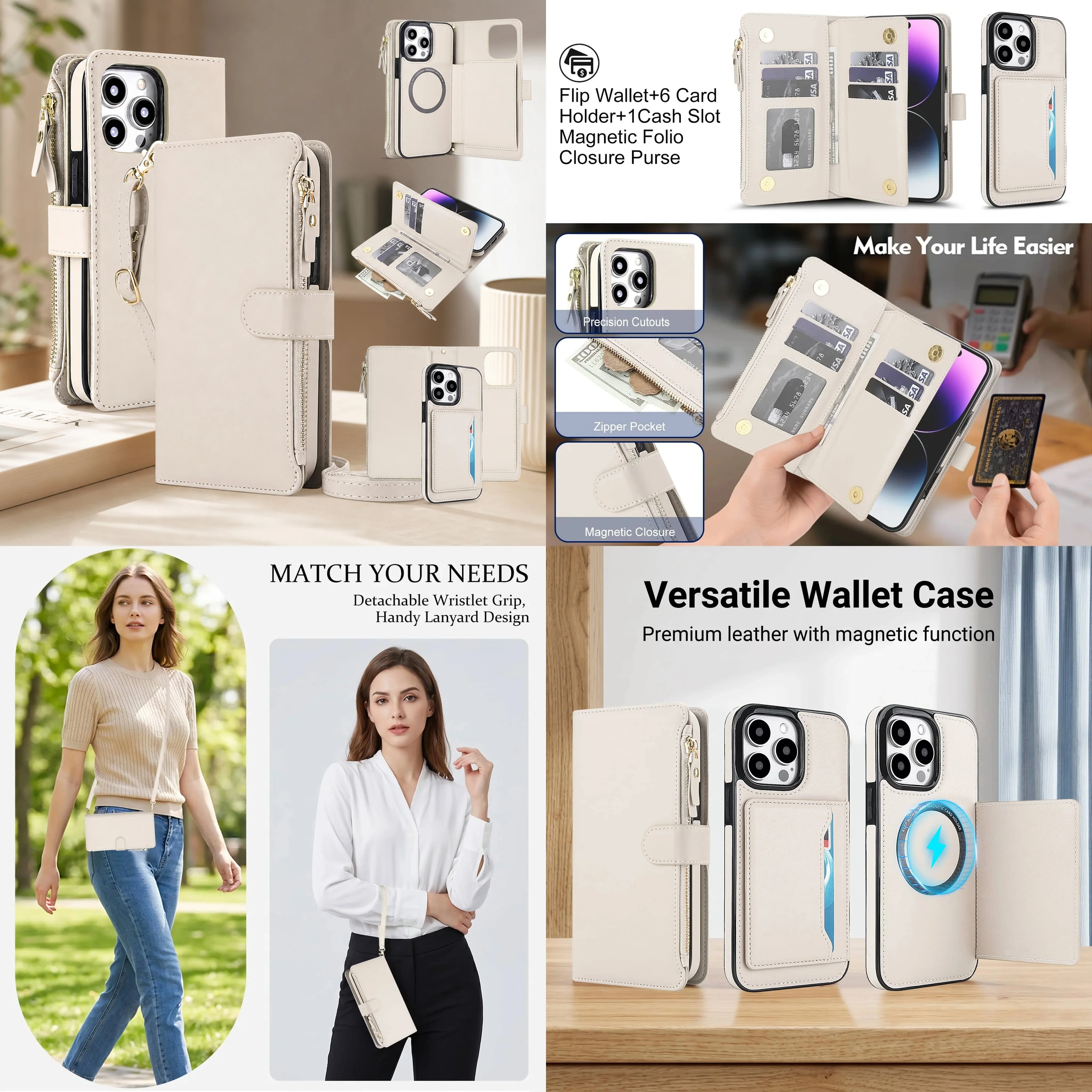 Étui portefeuille magnétique détachable avec technologie RFID pour iPhone 15, 14, 13, 12, 11 Pro Max, X, XR, XS, 7, 8, SE, avec cordon à porter en bandoulière et porte-cartes, coque de téléphone.