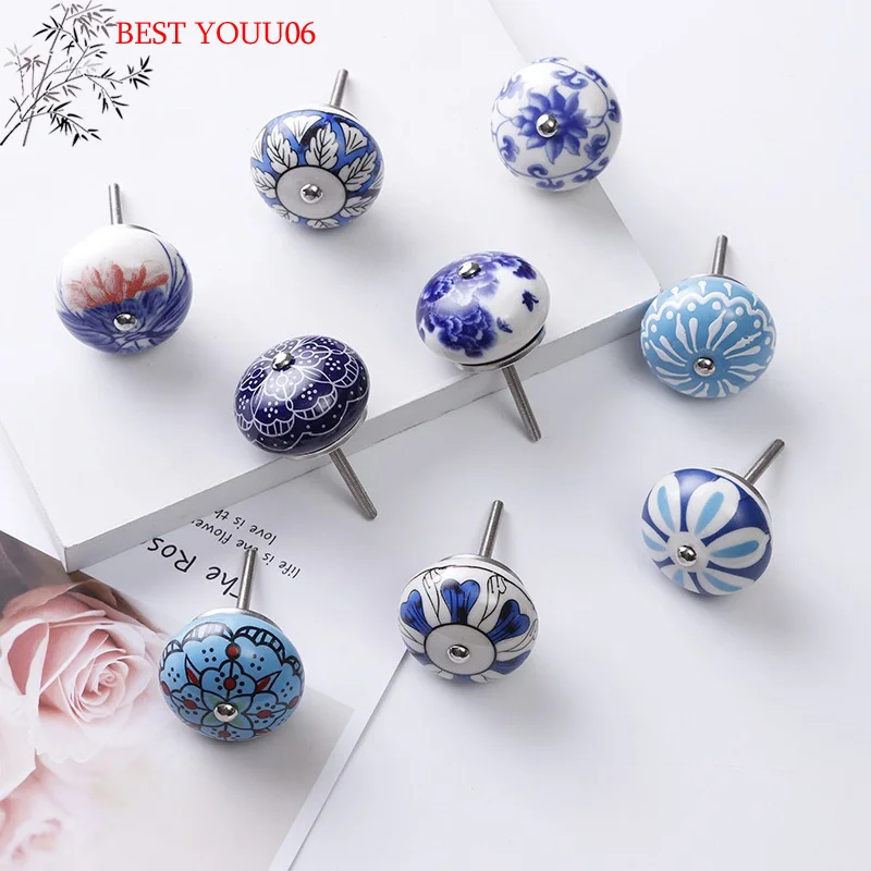 (YOUU06)1PCS Multicolor Ceramic Knobs For Cupboard Cabinet Dresser And Furniture Antique Floral Drawer Handle Pull Door Knob
