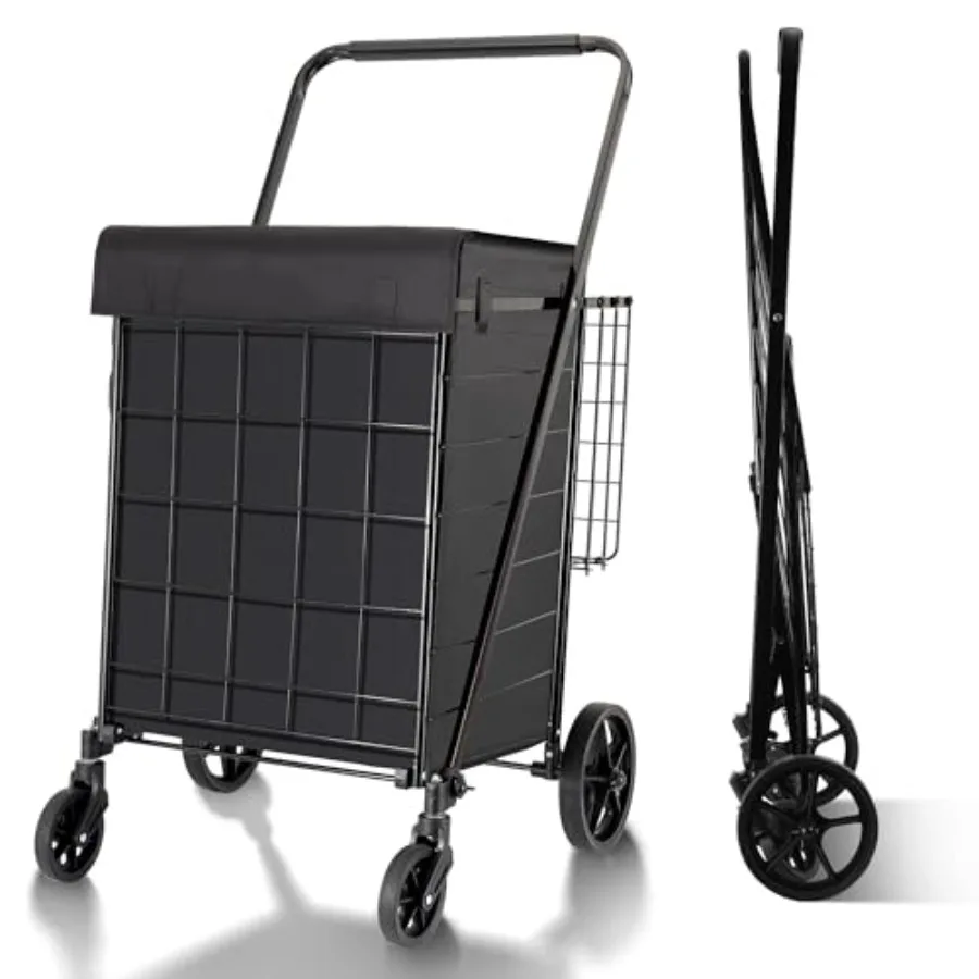 

Folding Shopping Cart with Waterproof Liner Grocery Cart Bag with Top Cover 340 Lb Capacity Utility Cart with 360° Rolling Swiv