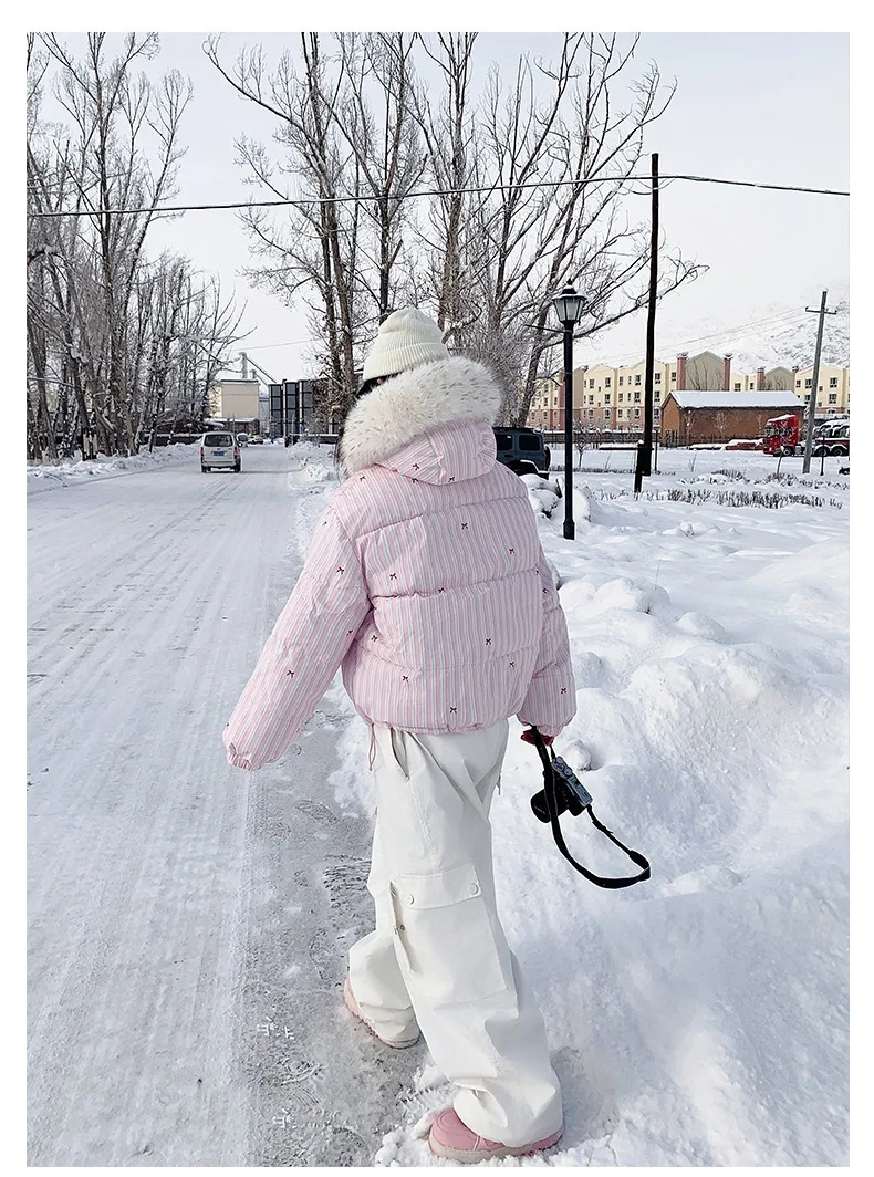 Korean Striped Bow Pattern Cropped Padded Jacket for Women Winter Hooded Coat with Faux Fur Collar Woman Sweet Thick Warm Parkas