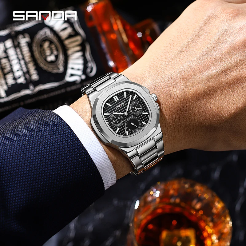 SANDA 7053 Luxury Watch Business Waterproof Male Clock Luminous Date Stainless Steel Square Quartz Men Wristwatches Reloj Hombre