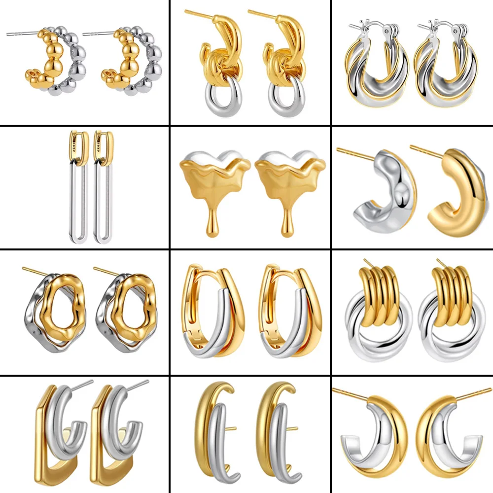 Klassische zweifarbige Twist-Knoten-Kreis-runde Creolen aus hochwertigem Edelstahl, wasserdicht, doppellagiger geometrischer Huggie-Ohrring