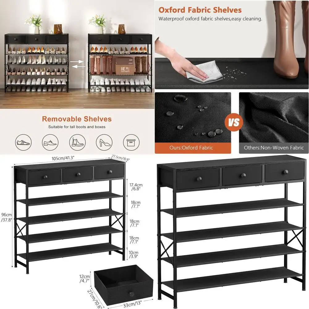 

5-Tier Metal Shoe Rack with 3 Drawers, Holds 24-30 Pairs, Fabric Shelves, Wooden Top, Narrow Design for Closet or Entryway, Blac