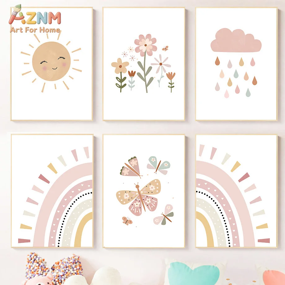AZNM Boho Cute Sun Rainbow Butterfly Floral Canvas Wall Art, Soft Pastel Cartoon Weather Unframed Print For Baby Nursery Kids Ro