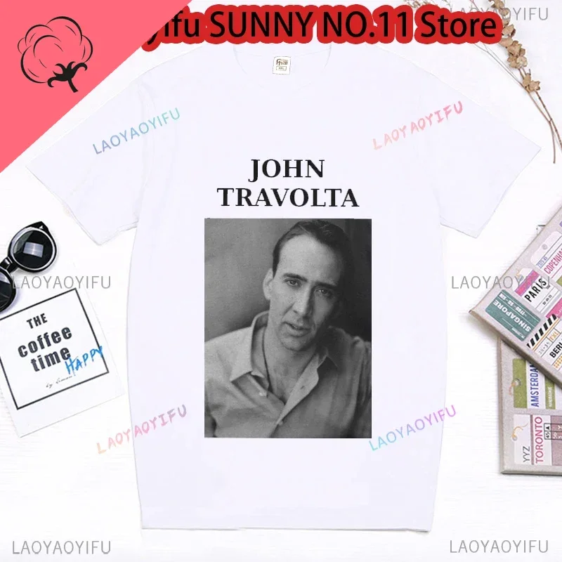 Men's Nicolas John Travolta Cage T Shirt Clothes Fun Short Sleeve Crew Neck Tee Shirt Graphic T-Shirt 100%Cotton Print