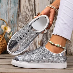 STRONGSHEN Women Sneakers Shining Glitter Casual Fashion Platform Trainers Couple Silver Walk Shoes Tenis Feminino Shoes Unisex