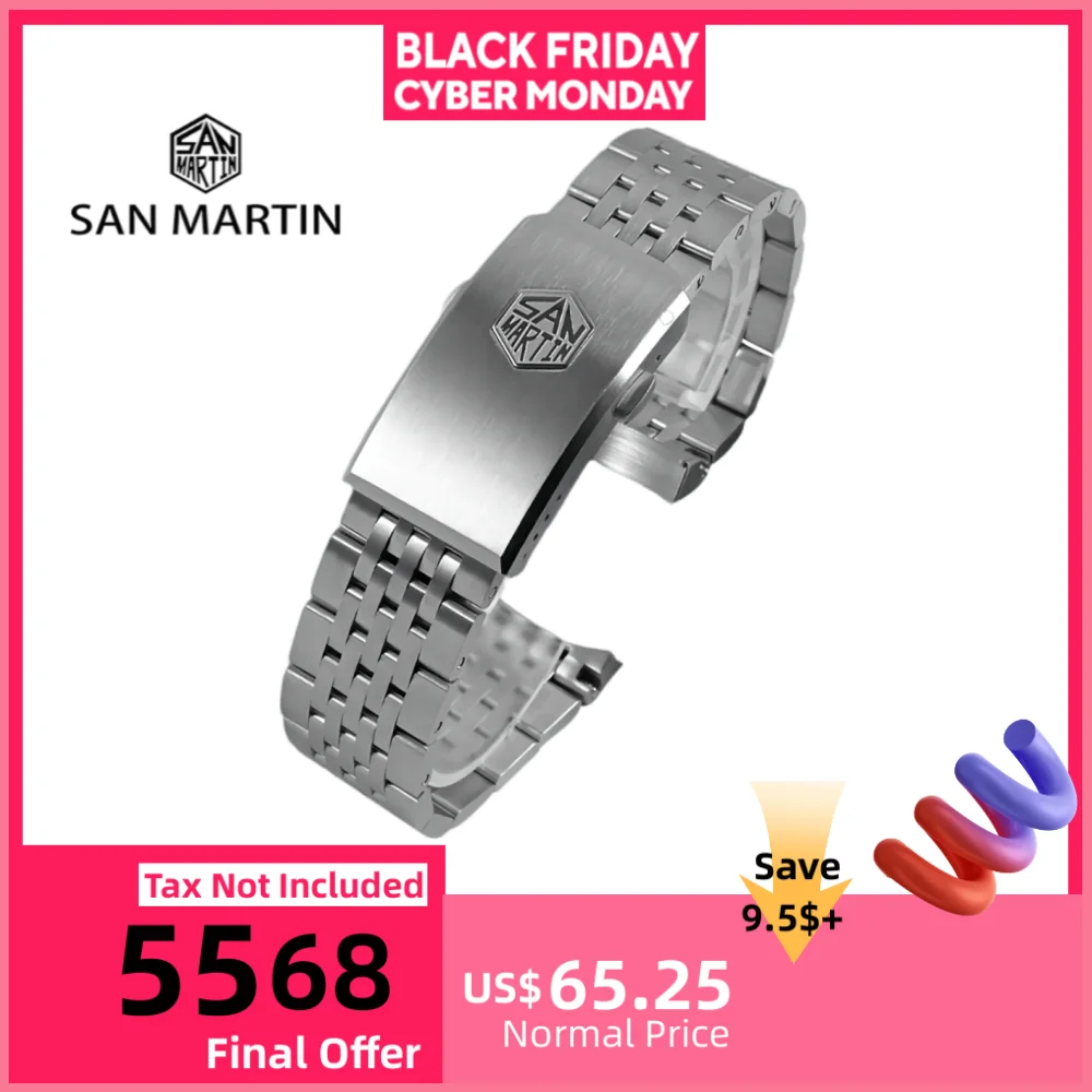 

Браслет San Martin из матовой стали, ремешок для часов из нержавеющей стали 316L, 20 мм для мужчин, ремешок для часов, устойчивый к ржавчине, Business Elite SN044