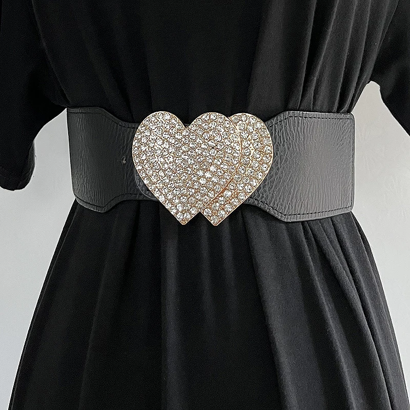 Women's Fashion Diamonds Heart Buckle Elastic Cummerbunds Female Dress Corsets Waistband Belts Decoration Wide Belt TB1282