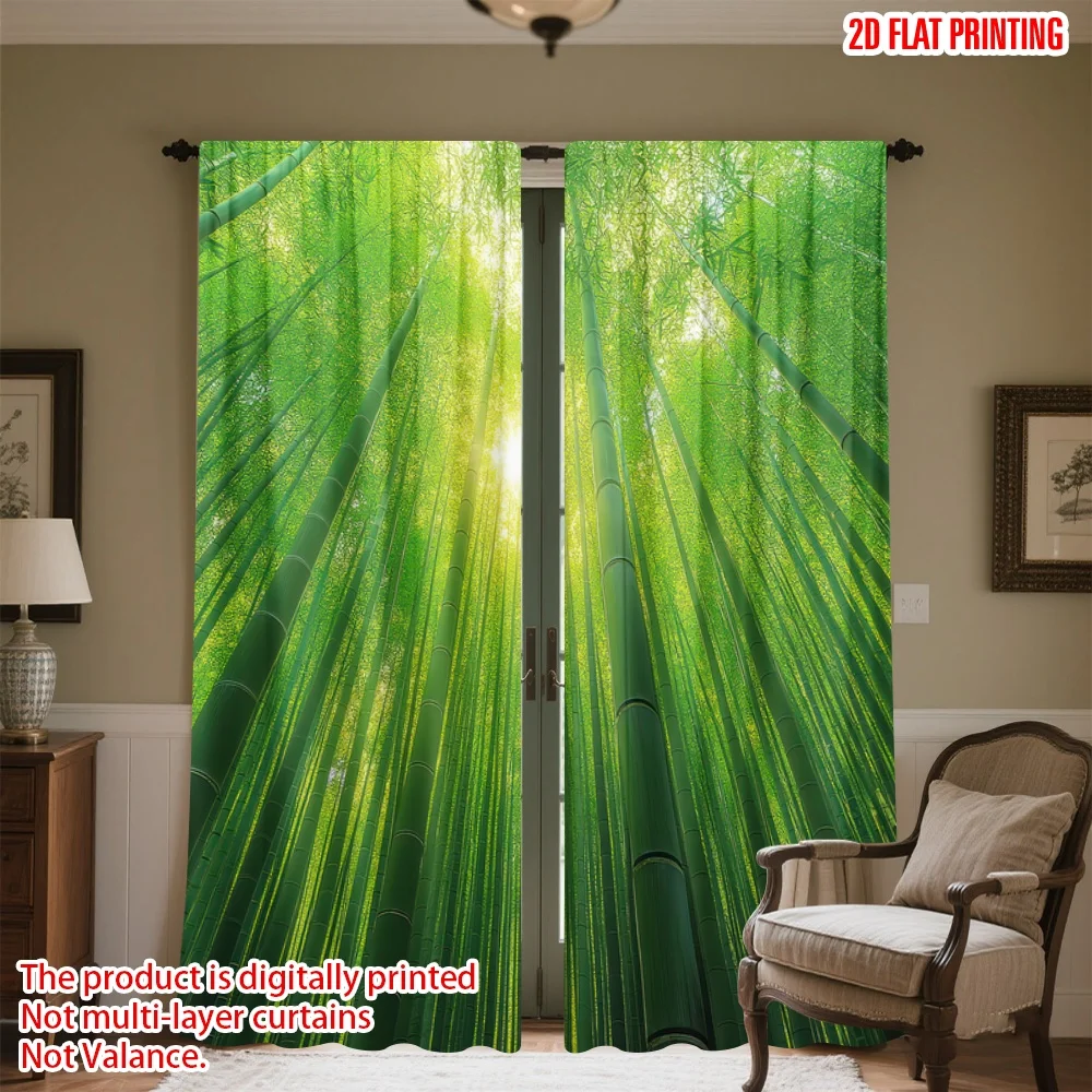 

2D flat printing 2pcs Curtain Sunlight Through Bamboo Forest Digital Printed Polyester Drapes Seasonal Party & Holiday Decor