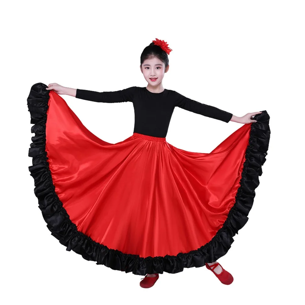Gladde kinderen Spaanse Paso Doble rok grote schommel polyester flamenco dans rok carnaval jurk prestatie podium prestatie rok