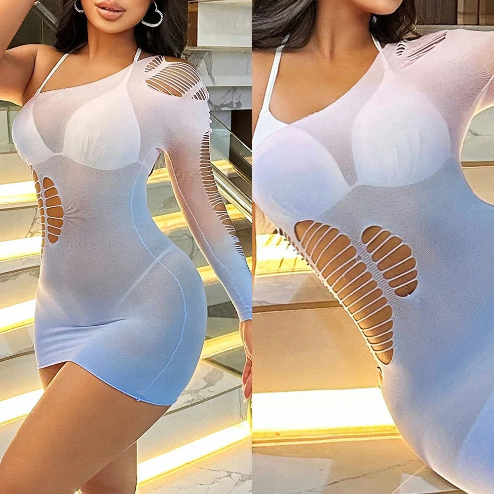 Camisola feminina sexy lingerie ombro inclinado gradiente oco vestido de malha apertada