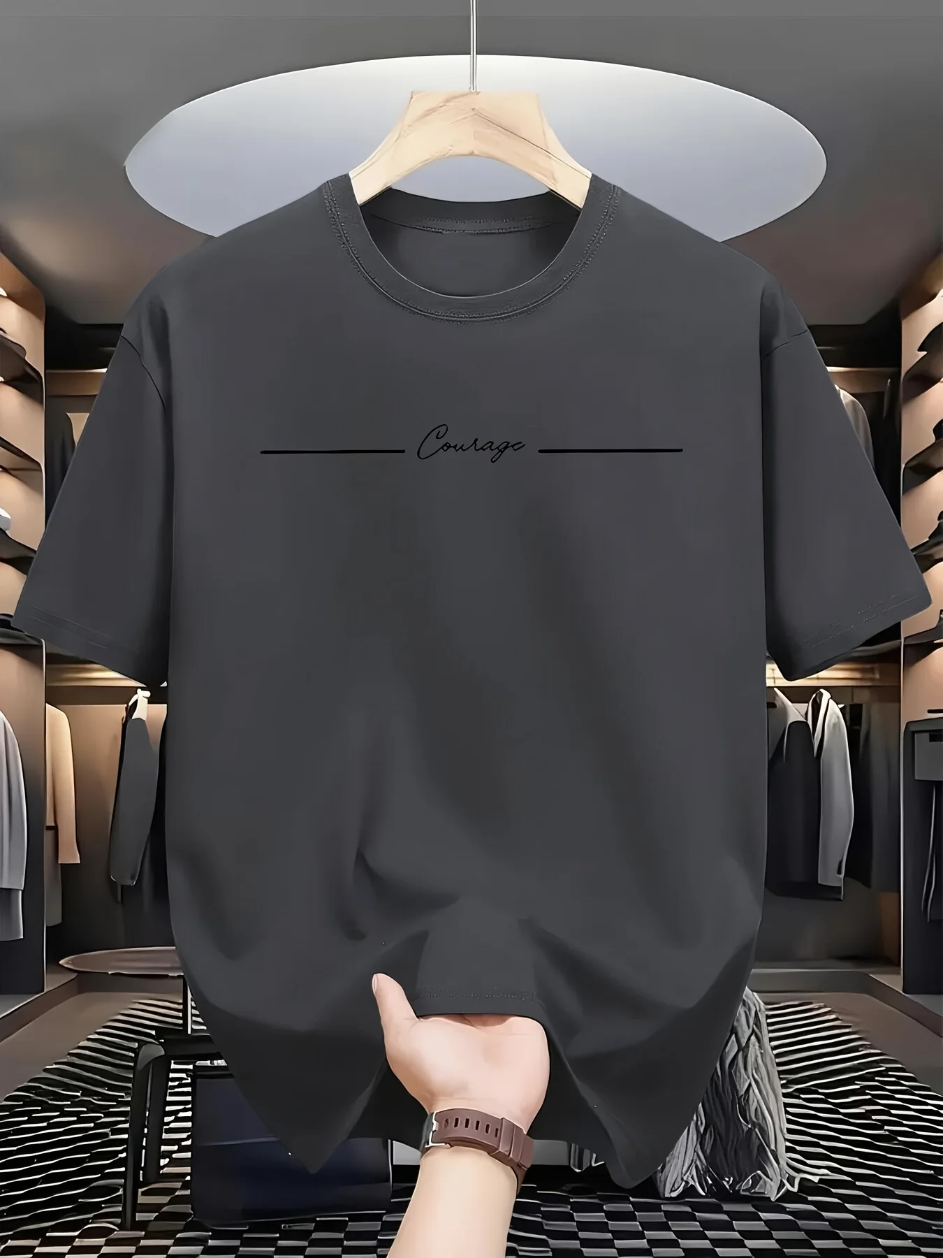 Camiseta de manga corta con cuello redondo para hombre, 100% algodón, informal, deportiva, holgada, con estampado de letras Courage, versátil, para verano