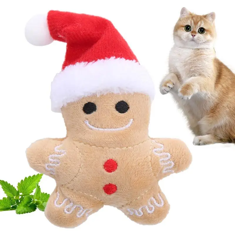 Gingerbread Man Cat Toy Christmas Hat Gingerbread Man Cat And Dog Plush Chew Toys Anti Bite Teeth Interactive Play Cat Toys