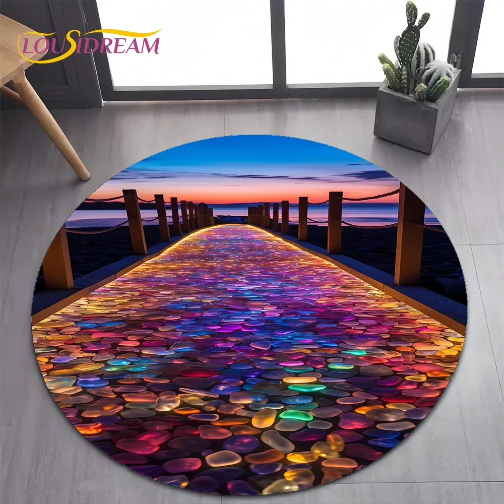 2025 New Style Colorful Pebble Rainbow Road Beach Stone Round Carpet Rug for Bedroom Living Room Decoration,pet Decor Floor Mat
