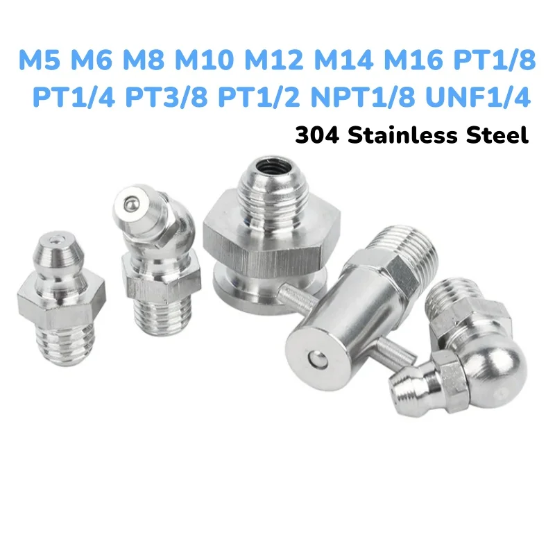 Metric/UNF/NPT/PT Grease 304 Stainless Steel Straight Elbow Type Oil Zerk Fitting for Grease Gun M5~UNF1/4