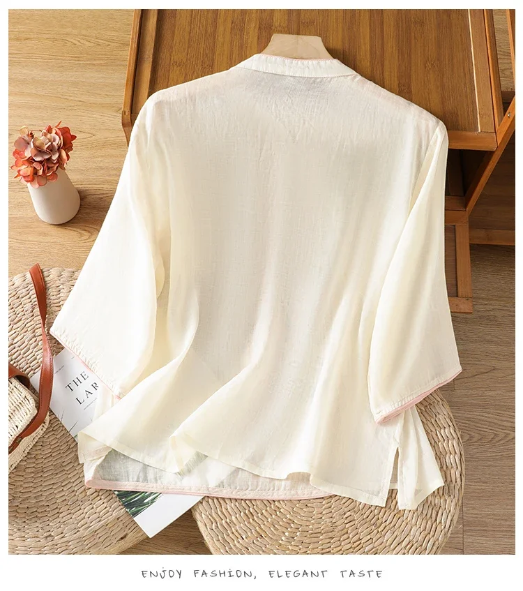 Camicetta da donna in stile cinese ricamata Camicie vintage Moda Abbigliamento estivo allentato Top da donna in lino di cotone a maniche corte